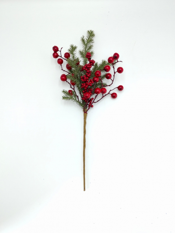 Artificial Christmas Pick with Red Berries, Thin Twigs and Pine Needles