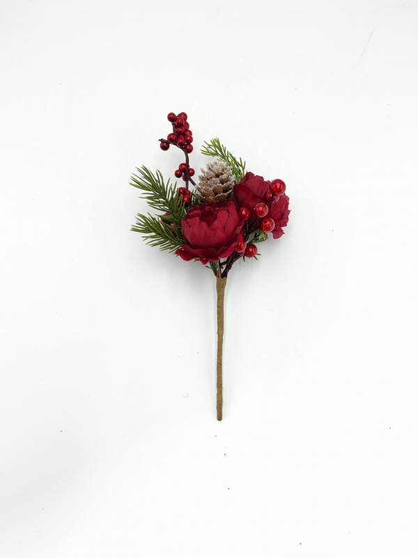 Artificial Christmas Pick with Red Peony, Pine Needles, Berries and Pine Cone