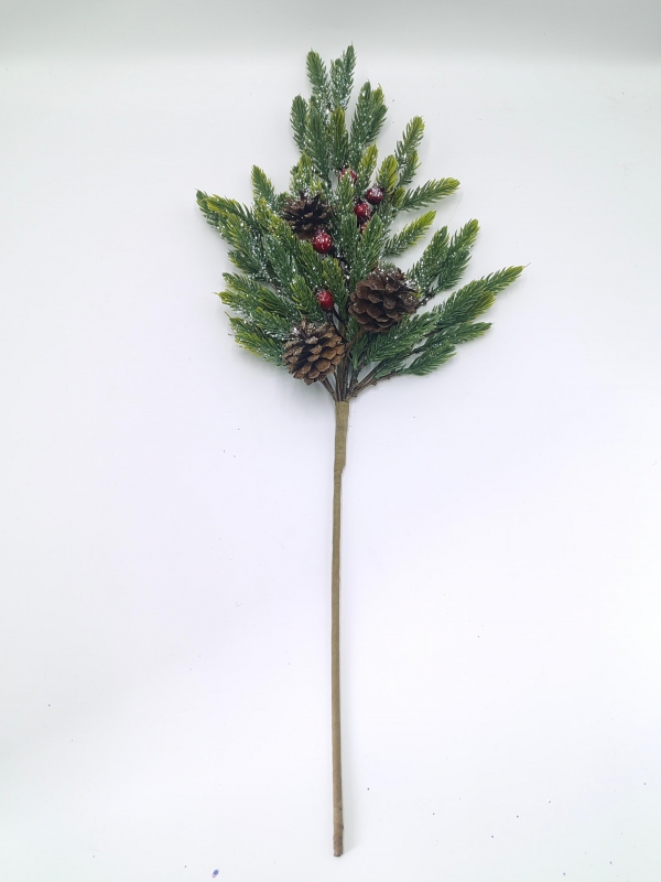 Frosted Artificial Christmas Pick with Pine Needles, Pine Cones and Red Berries