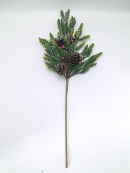 Frosted Artificial Christmas Pick with Pine Needles, Pine Cones and Red Berries