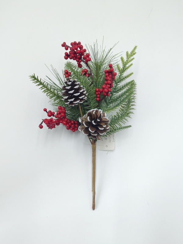 Artificial Christmas Pick with Pine Needles, Red Berries and White-Washed Pine Cones