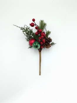 Artificial Christmas Pick with Pine Needles, Red & Green Baubles, Berries and Pine Cone