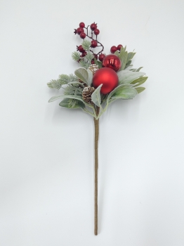 Artificial Christmas Pick with Lambs Ear Leaves, Pine Needles, Red Baubles, Berries and Pine Cone