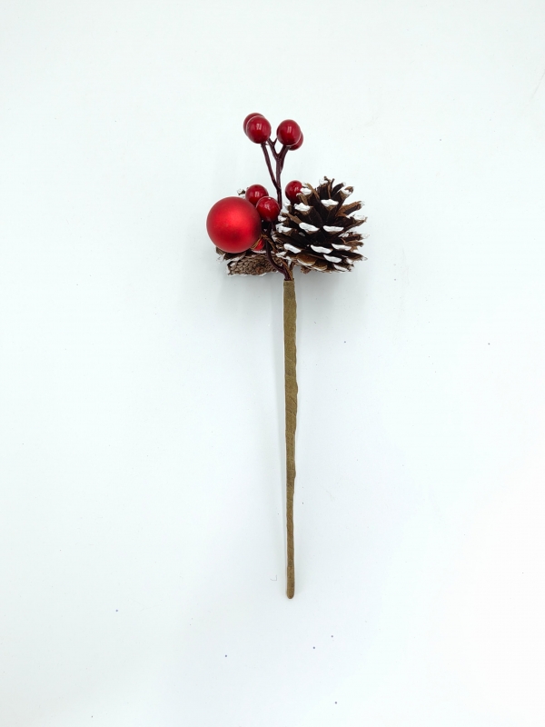 Compact Mini Artificial Christmas Pick with Red Bauble, Berries and White‑Washed Pine Cones