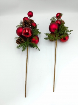 Dual Artificial Christmas Picks with Red Baubles and Pine Cones