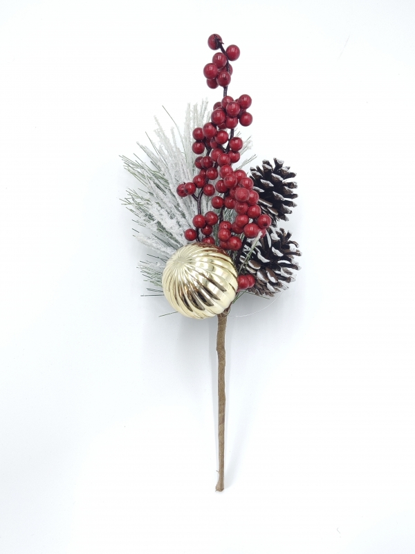 Frosted Artificial Christmas Pick with Gold Bauble, Red Berries and Pine Cone
