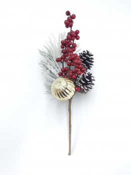 Frosted Artificial Christmas Pick with Gold Bauble, Red Berries and Pine Cone