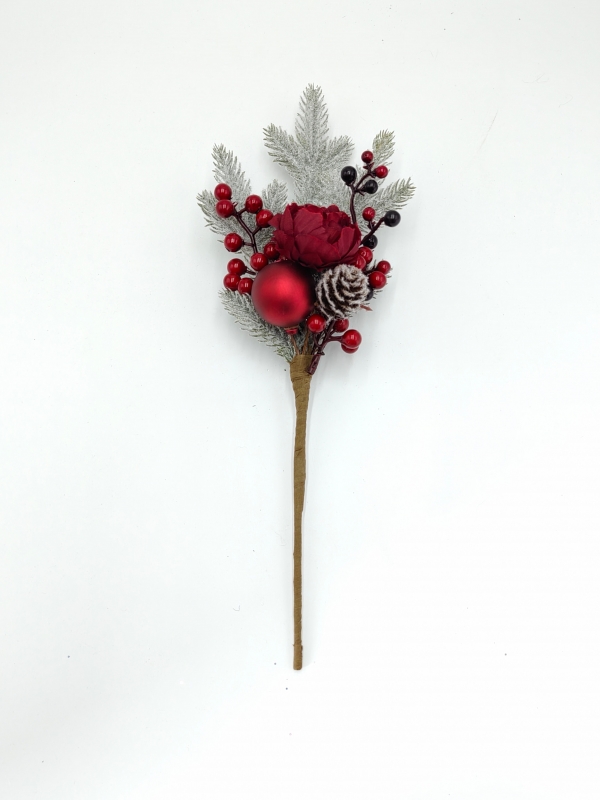Frosted Artificial Christmas Pick with Red Peony, Bauble and Berries