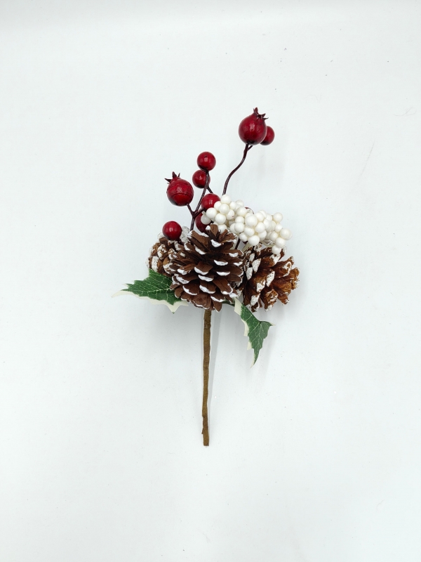 Artificial Christmas Pick with Ivy Leaves, Pomegranate Fruits, White Berries and Pine Cones