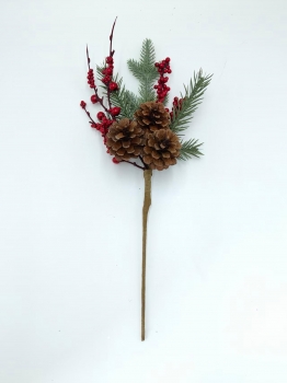 Artificial Christmas Pick with Pine Needles, Red Berries and Large Pine Cones