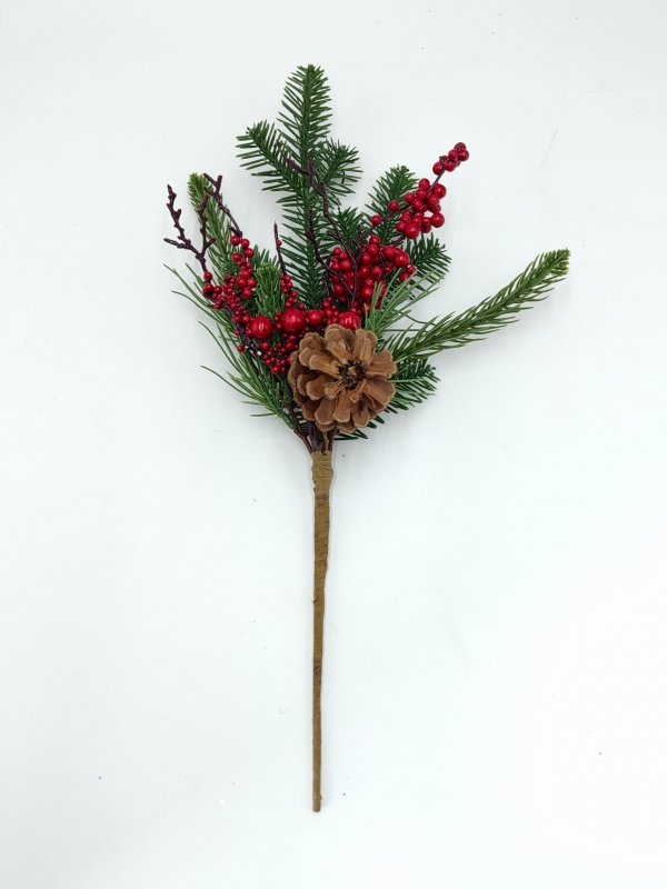 Artificial Christmas Pick with Pine Needles, Red Berries and Pine Cone