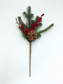 Artificial Christmas Pick with Pine Needles, Red Berries and Pine Cone