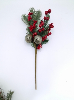Artificial Christmas Pick with Pine Needles, Red Berries, Red Baubles and Silver Bells