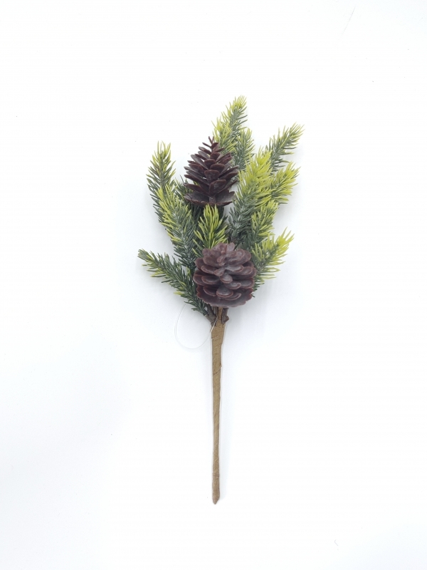Artificial Christmas Pick with Pine Needles and Double Pine Cones