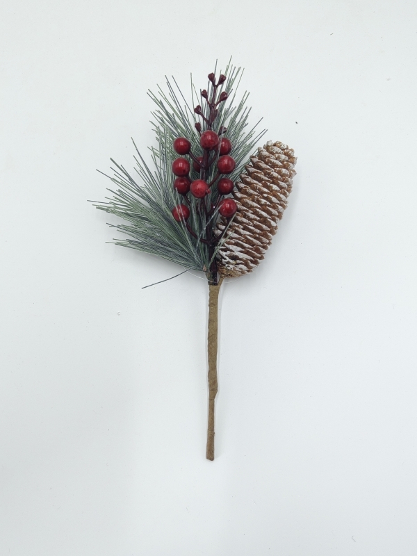 Artificial Christmas Pick with Light Green Pine Needles, Red Berries and Large Pine Cone