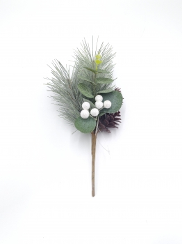 Artificial Christmas Pick with Light Green Pine Needles, White Berries and Pine Cone