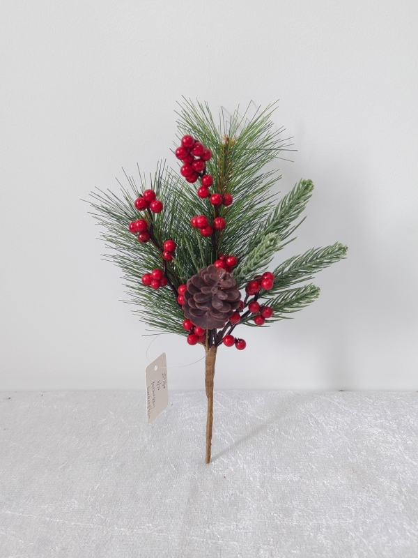 Artificial Christmas Pick with Pine Needles, Abundant Red Berries and Pine Cones