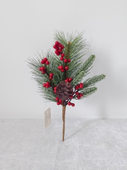 Artificial Christmas Pick with Pine Needles, Abundant Red Berries and Pine Cones