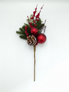 Artificial Christmas Pick with Pine Needles, Double Red Baubles, Berries and White-Washed Pine Cone