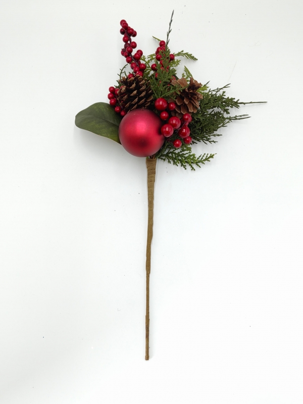 Artificial Christmas Pick with Broad Green Leaves, Red Bauble, Berries and Pine Cones