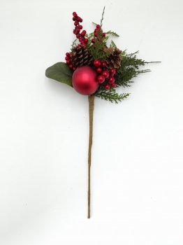 Artificial Christmas Pick with Broad Green Leaves, Red Bauble, Berries and Pine Cones