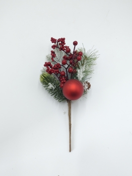 Frosted Artificial Christmas Pick with Pine Needles, Red Berries and Red Bauble