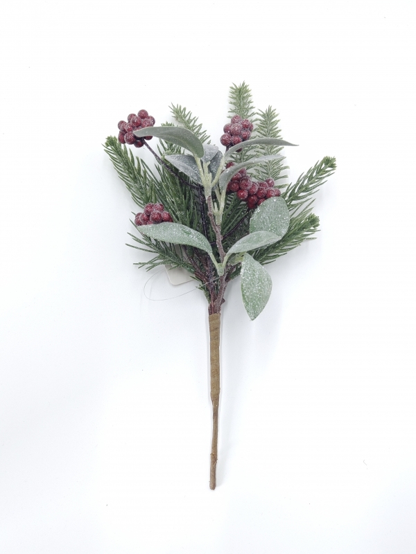 Artificial Christmas Pick with Pine Needles, Lambs Ear Leaves and Red Berries