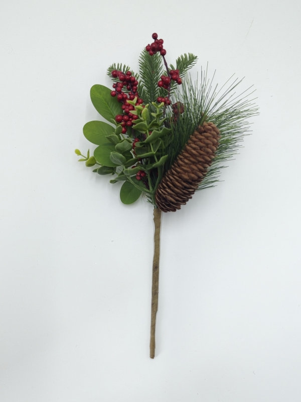 Artificial Christmas Pick with Pine Needles, Broad Green Leaves, Red Berries and Large Pine Cone