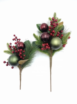 Artificial Pine Needle Wine‑Red Bauble Pick, Large & Small Christmas Decor Stem