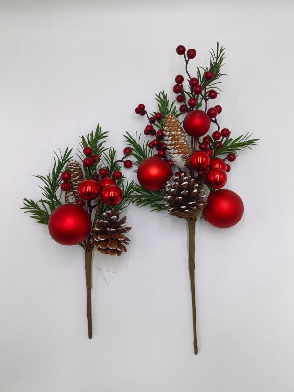 Artificial Pine Needle Red Ball Pine Cone Pick, Large & Small Christmas Stem