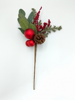 Artificial Christmas Pick with Lambs Ear Leaves, Double Red Baubles, Berries and Pine Cone