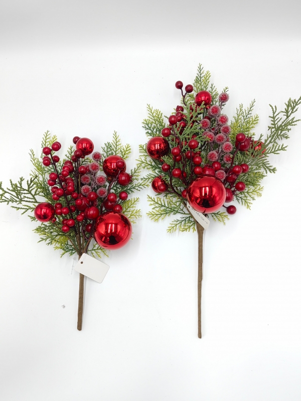 Artificial Cypress Leaf Red Ball Berry Pick, Large & Small Christmas Decor Stem