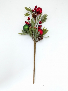 Artificial Christmas Pick with Lambs Ear Leaves, Red & Green Baubles, Berries and Pine Cones