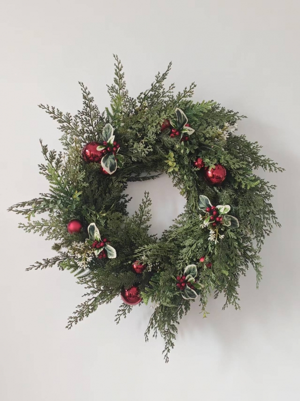 Christmas Wreath with Cypress Greenery, Silver Baubles, Red Berries and Pine Cones