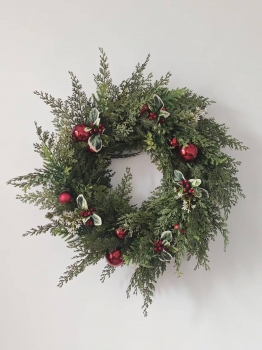 Christmas Wreath with Cypress Greenery, Silver Baubles, Red Berries and Pine Cones