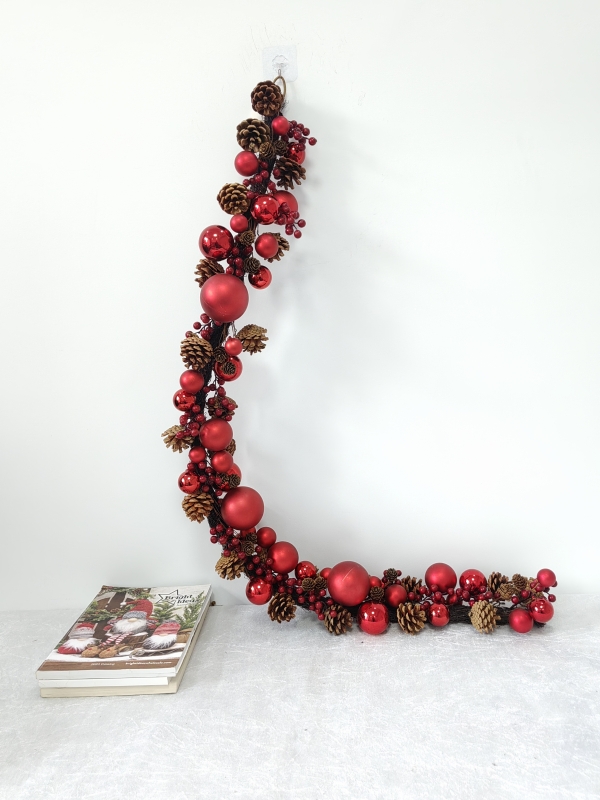 Dense Ornament Christmas Garland with Red Baubles, Berries and Pine Cones, No Green Foliage