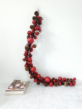 Dense Ornament Christmas Garland with Red Baubles, Berries and Pine Cones, No Green Foliage