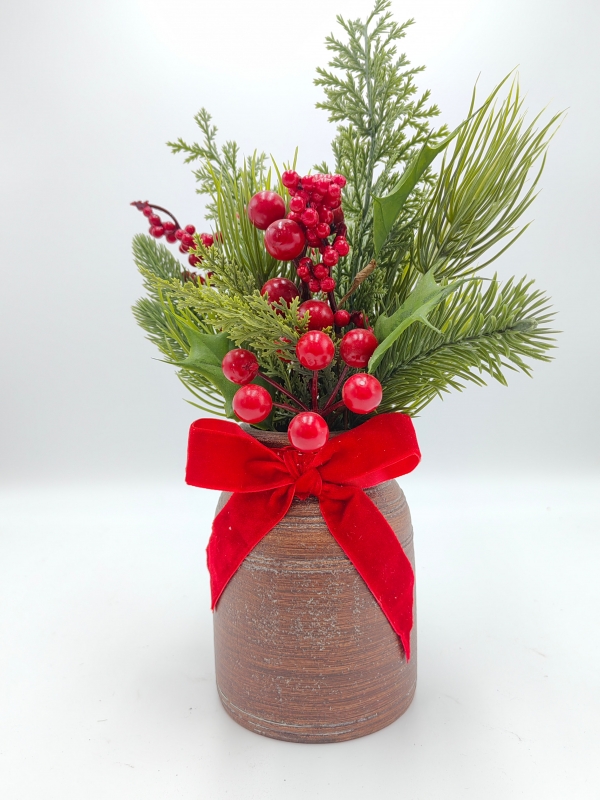 Artificial Christmas Arrangement in Terracotta Pot, Pine Needles, Red Berries and Red Bow