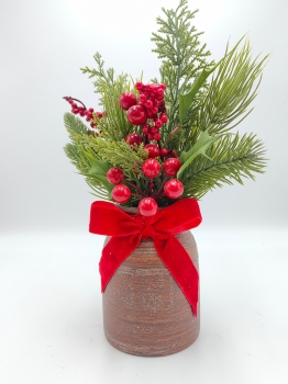 Artificial Christmas Arrangement in Terracotta Pot, Pine Needles, Red Berries and Red Bow