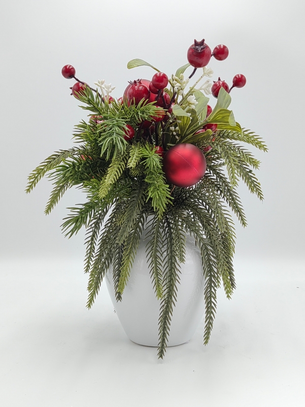Artificial Christmas Pine Arrangement with White Vase, Pine Needles, Red Berries and Red Bauble