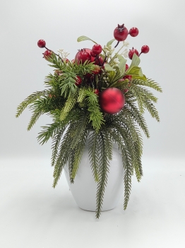 Artificial Christmas Pine Arrangement with White Vase, Pine Needles, Red Berries and Red Bauble