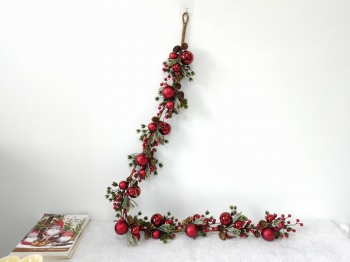 Curved Christmas Garland with Pine Needles, Pine Cones, Red Berries and Red Baubles