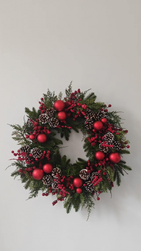 Christmas Wreath with Pine Needles, Pine Cones, Silver & Red Baubles and Red Berries