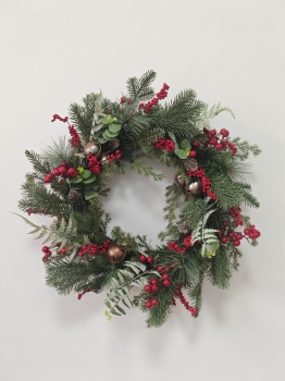 Christmas Wreath with Pine Needles, Pine Cones, Copper Bells and Red Berries