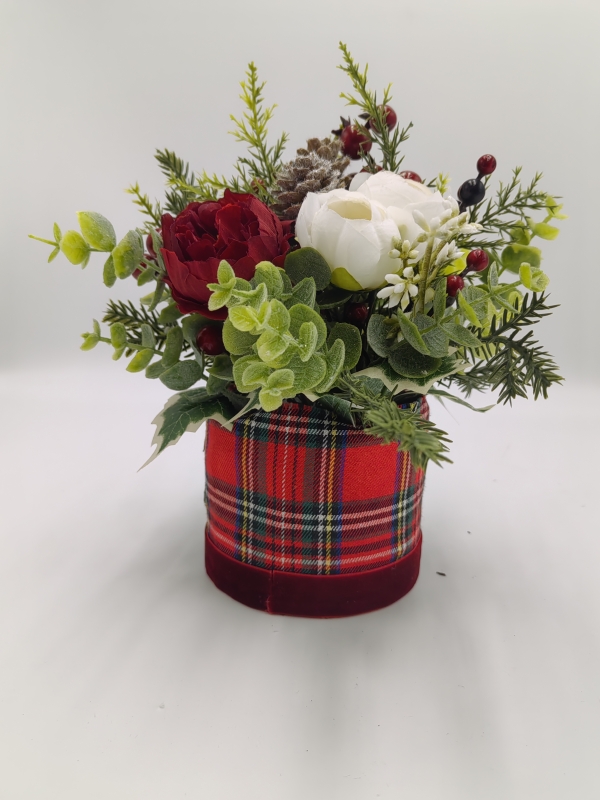 Artificial Christmas Flower Arrangement in Red Plaid Container, Roses, Pine Cones and Red Berries