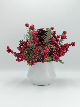 Artificial Christmas Arrangement in White Vase, Red Berries, Pine Cones and Pine Needles