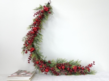 Flexible Christmas Garland with Cypress Greenery, Red Berries and Glossy Red Baubles