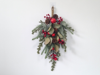 Frosted Christmas Teardrop Swag with Pine Needles, Red Berries, Red Baubles and Pine Cones