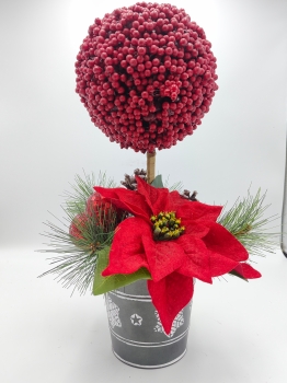 Artificial Christmas Arrangement in Black White Pot, Red Berry Ball Topiary and Red Poinsettia