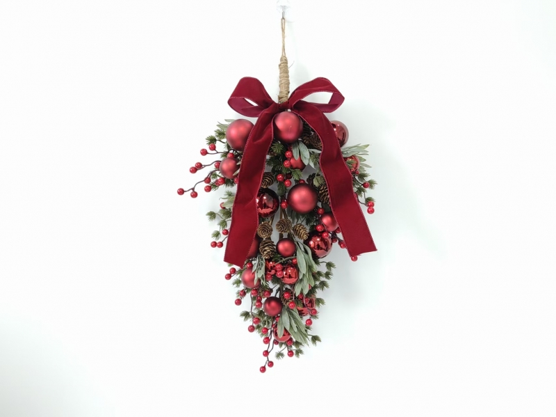 Christmas Teardrop Swag with Red Baubles, Berries, Pine Cones & Velvet Bow